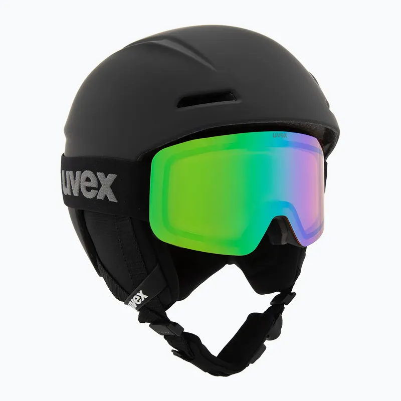 Dětská lyžařská helma UVEX Viti Set + lyžařské brýle Speedy Pro matt black/mirror green/yellow/clear Vysoce Kvalitní