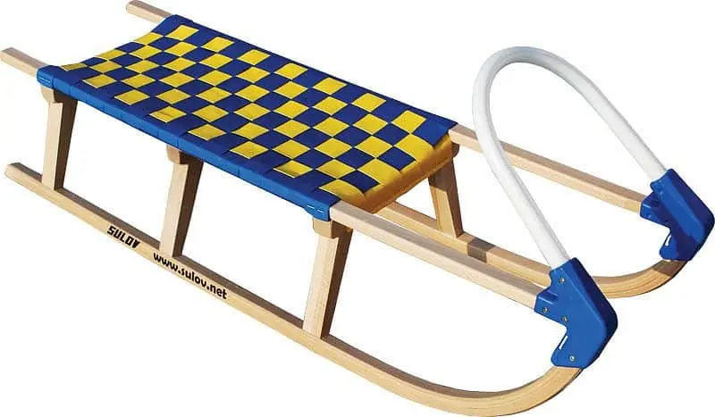 Finální Výprodej Dřevěné saně SULOV LAVINA, 125cm, plastové madlo, modro-žluté