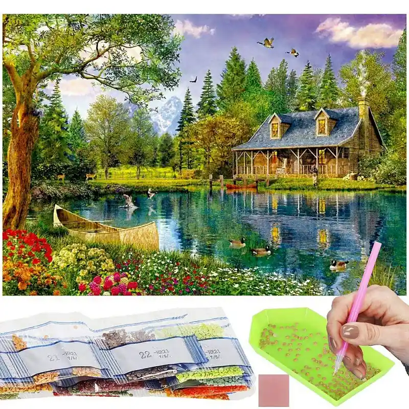 Diamantové malování 40x30 cm, Chata u rybníka Springos ART Sleva