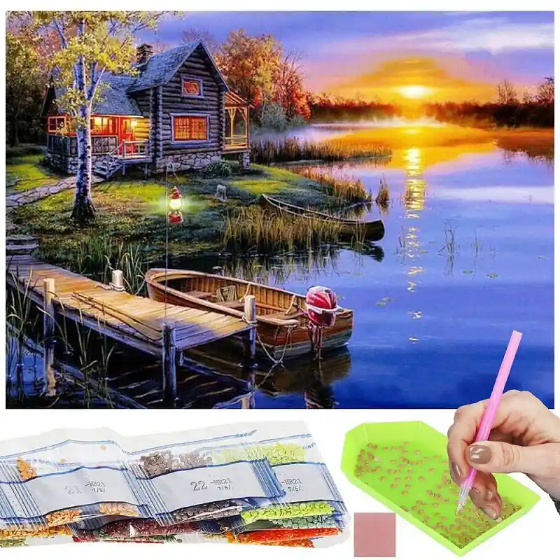 Cenově Výhodný Diamantové malování 40x30 cm, Chata u vody Springos ART