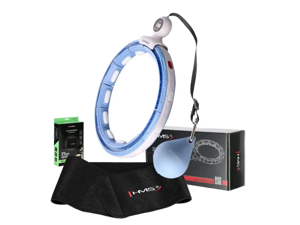 Sada masážní hula hoop HMS HHM15 modrá se závažím, magnety a počítadlem a zeštíhlujícího pásu BR163 PLUS SIZE Hit Sezóny