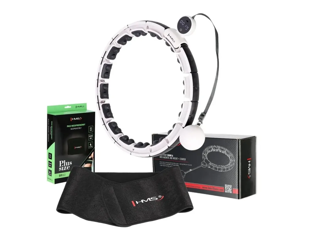 Jen Po Omezenou Doba Sada masážní hula hoop HMS HHM16 bílá se závažím, magnety a počítadlem a zeštíhlujícího pásu BR163 PLUS SIZE