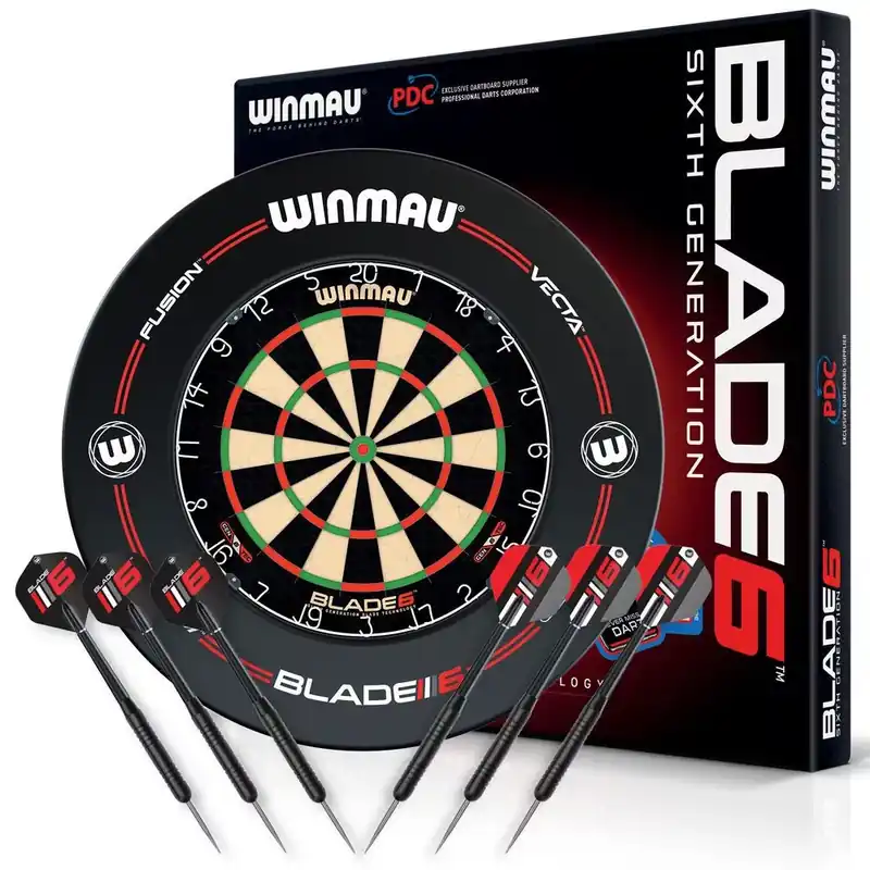 Dokud Zásoby Vydrží Kompletní šípkařský set, terč Winmau Blade 6, šedý surround, 2 sety šipek, startovací čára, výstup