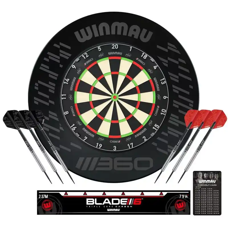 Objednat Nyní Kompletní šipkařský set s terčem Winmau Blade 360, surroundem, 2 sety šipek, startovací čarou a výst