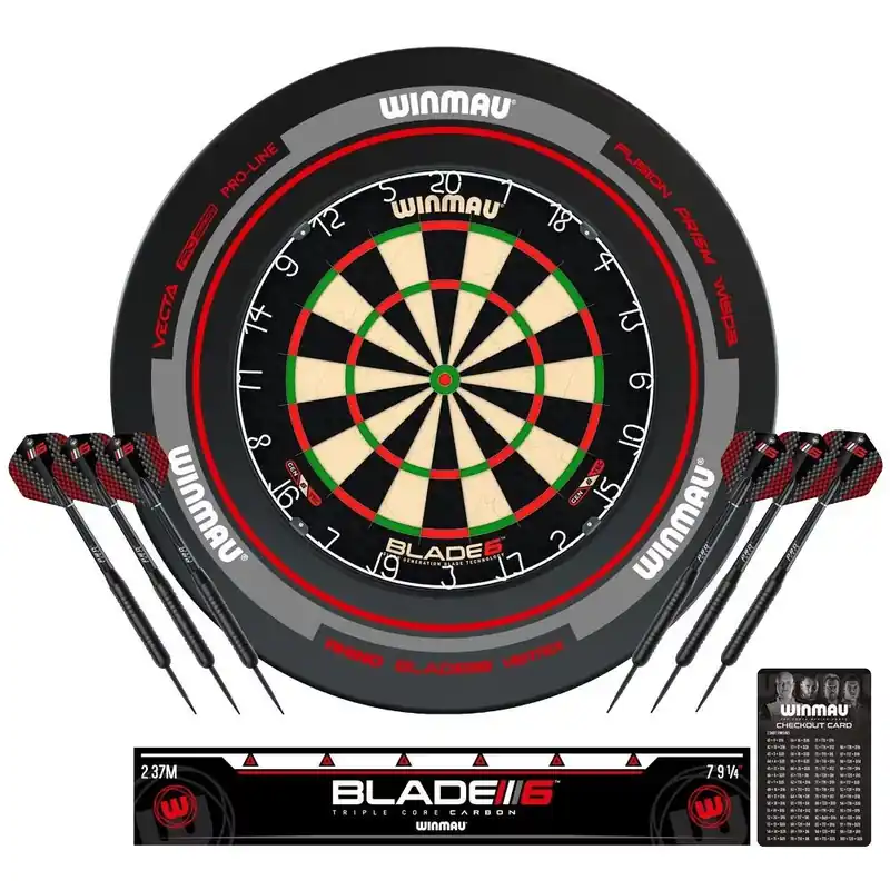 Kompletní šipkařský set s terčem Winmau Blade 6, šedým surroundem, 2 sety šipek, startovací čára a v Sezónní Sleva