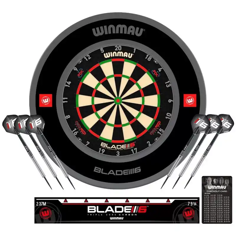 Nejprodávanější Kompletní šipkařský set s terčem Winmau Blade 6 Triple Core, černý surroundem, 2 sety šipek, startov