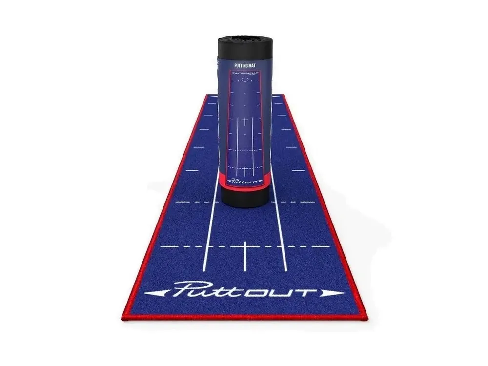 Finální Výprodej PUTTOUT Mat Medium Patriot patovací koberec 240 x 50 cm modrý + Golfová samolepka černá